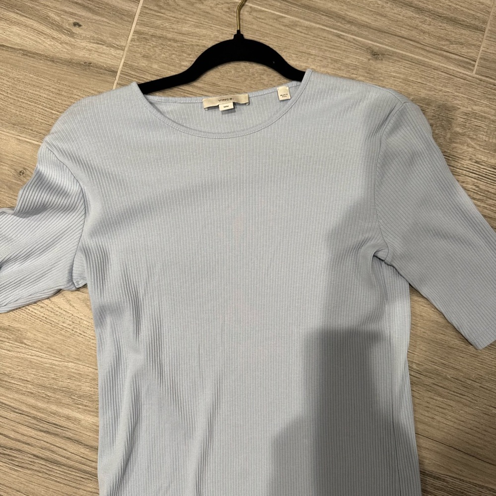 Vince Soft Blue Ribbed Short Sleeve Top
